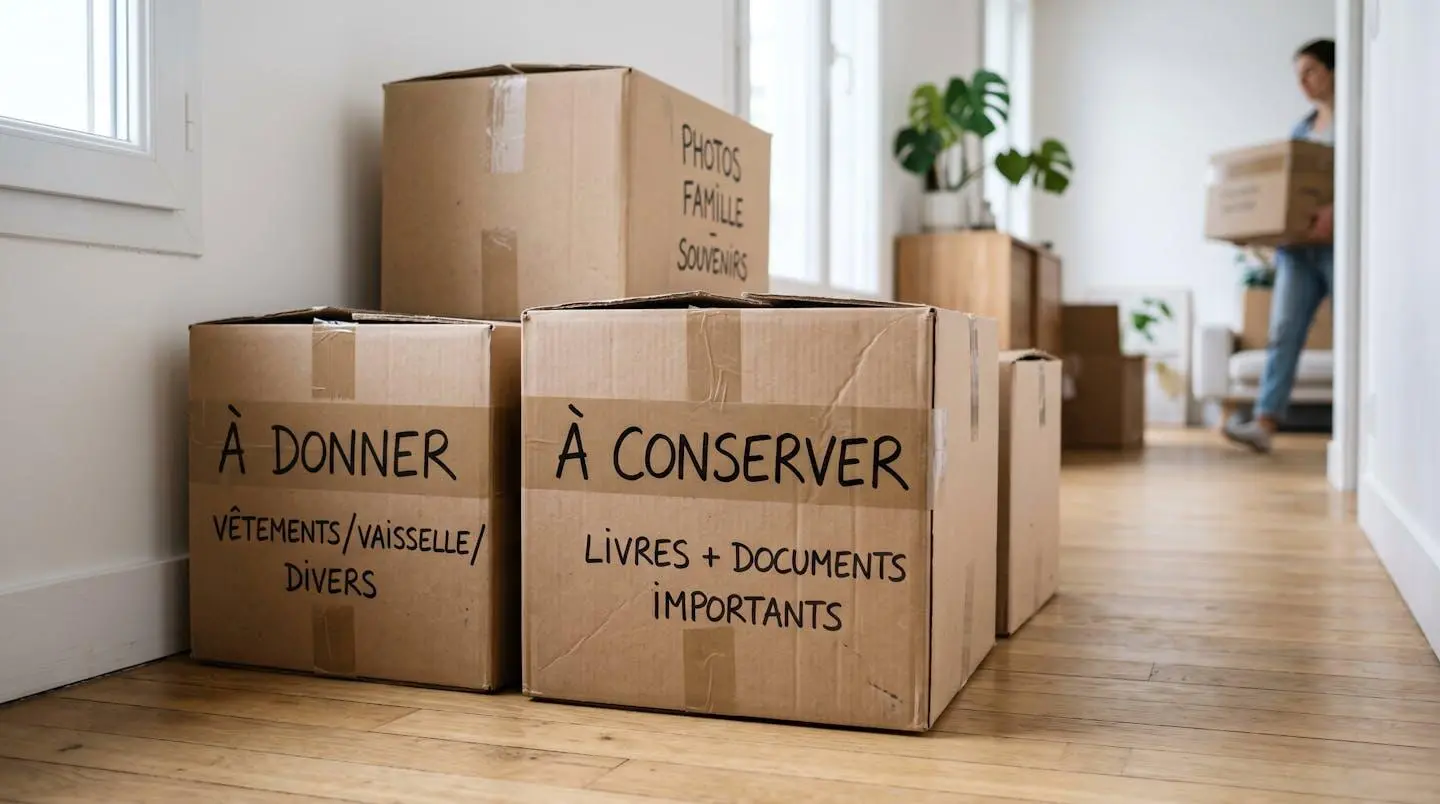 Gros plan sur des cartons de déménagement étiquetés avec des mentions manuscrites À conserver, À donner et Photos famille
