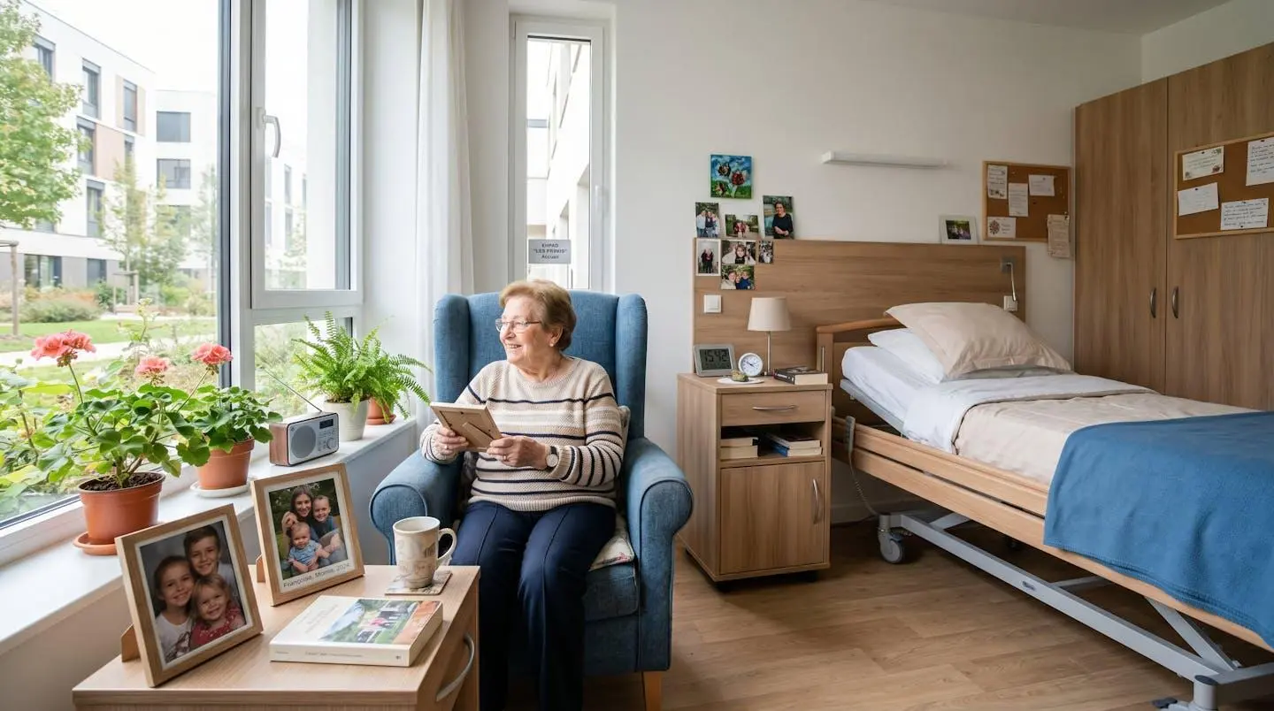 Chambre d'EHPAD contemporaine aménagée avec des objets personnels : photos de famille encadrées sur la table de chevet et fauteuil familier près de la fenêtre