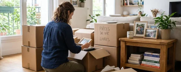 Personne de dos triant des affaires dans un salon lumineux avec des cartons empilés et des photos de famille sur une table d'appoint