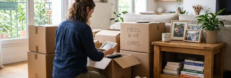 Personne de dos triant des affaires dans un salon lumineux avec des cartons empilés et des photos de famille sur une table d'appoint