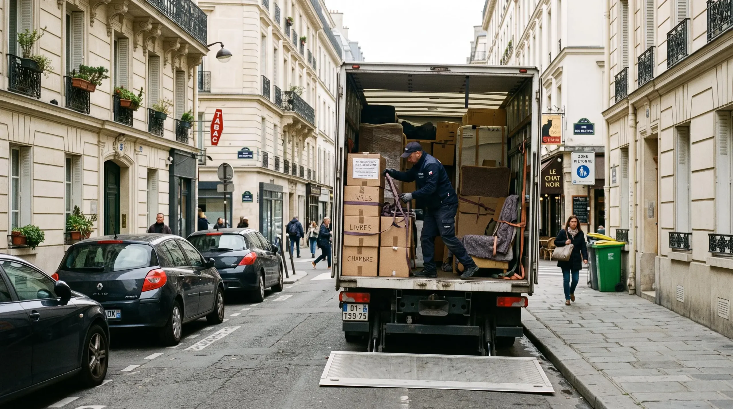 Camion de déménagement stationné dans une rue parisienne étroite avec autorisation de stationnement et déménageur chargeant des affaires