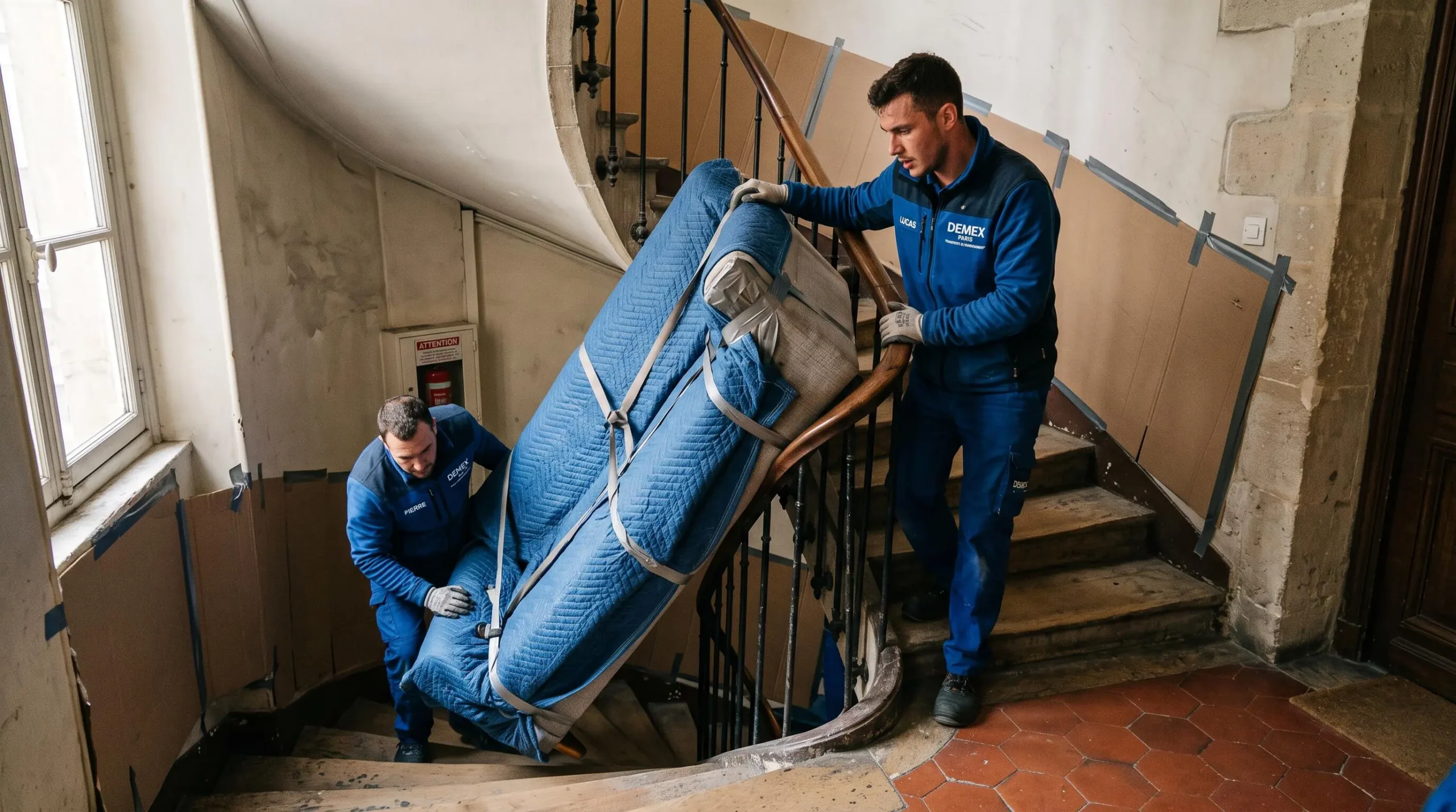 Deux déménageurs transportant un canapé dans un escalier étroit d'immeuble parisien avec protections murales installées