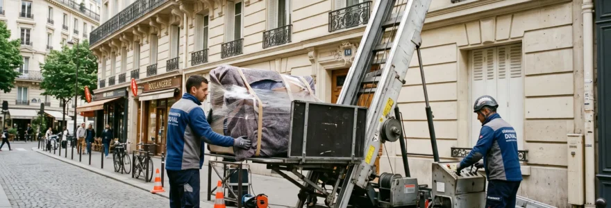 Déménageurs professionnels utilisant un monte-meubles mécanique sur la façade d'un immeuble haussmannien parisien