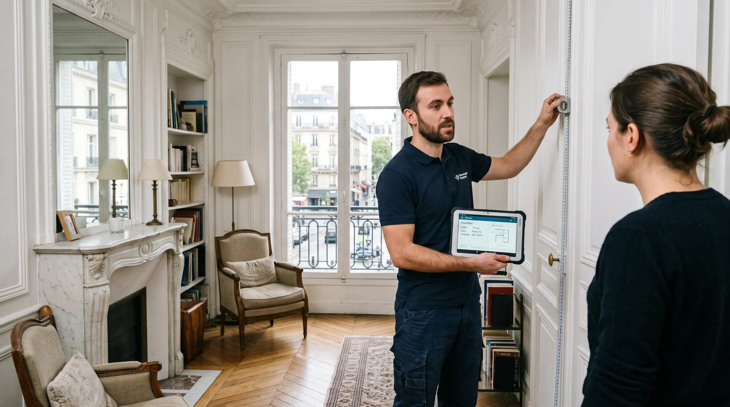 Professionnel du déménagement réalisant une visite technique d'évaluation dans un appartement haussmannien parisien avec un client