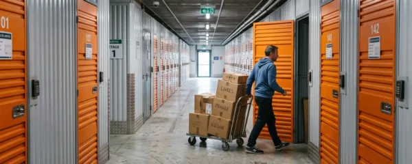 Une personne pousse un chariot de cartons dans le couloir d'un centre de stockage.