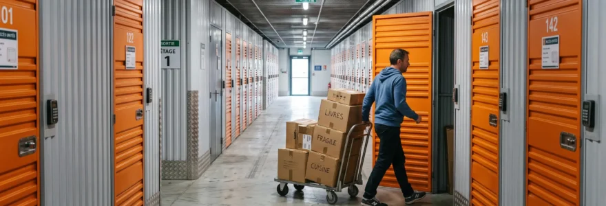 Une personne pousse un chariot de cartons dans le couloir d'un centre de stockage.