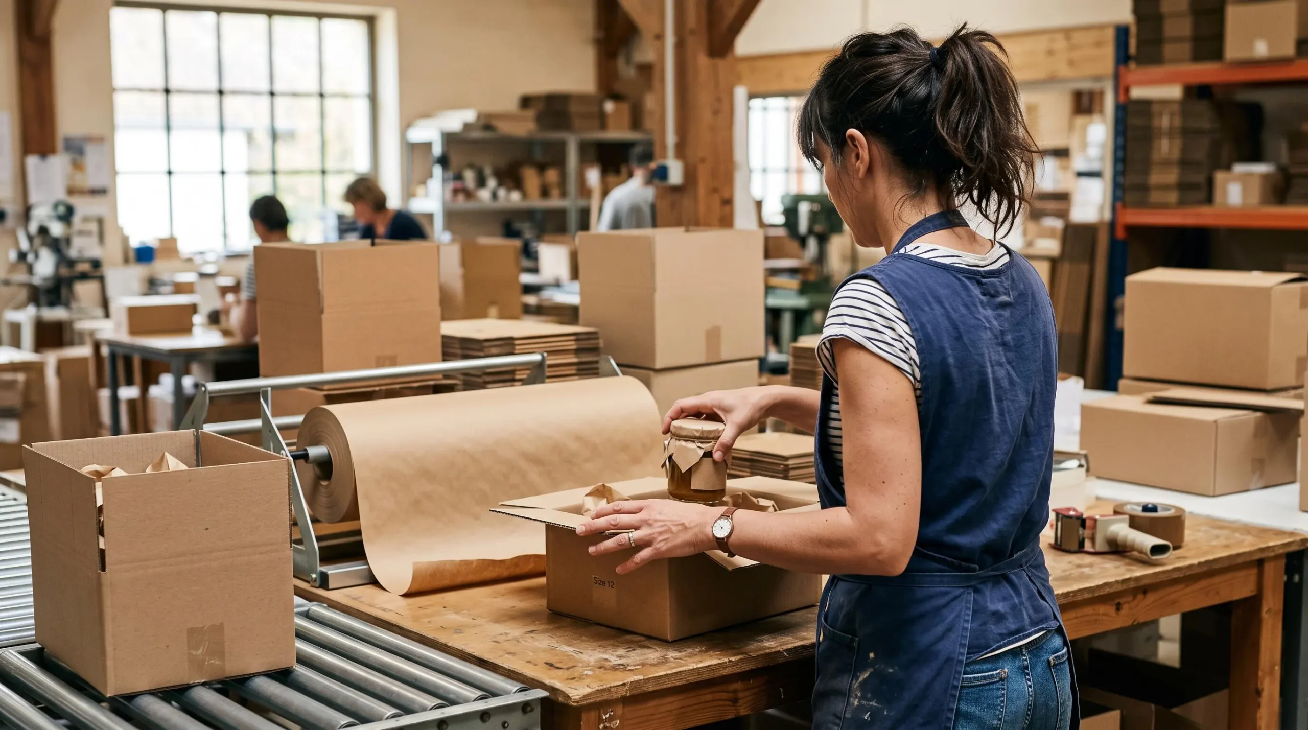 Une femme cale un produit dans un carton adapté sur une table de préparation.