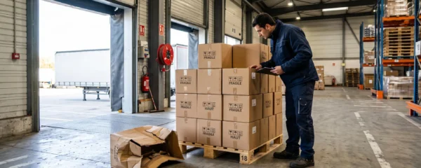 Un ouvrier inspecte des colis sur une palette dans un entrepôt logistique français.