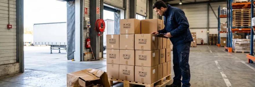 Un ouvrier inspecte des colis sur une palette dans un entrepôt logistique français.